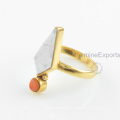 18k Gold White Howlite Ring, Beautiful Red Coral Multi Gemstone Ring Jewelry